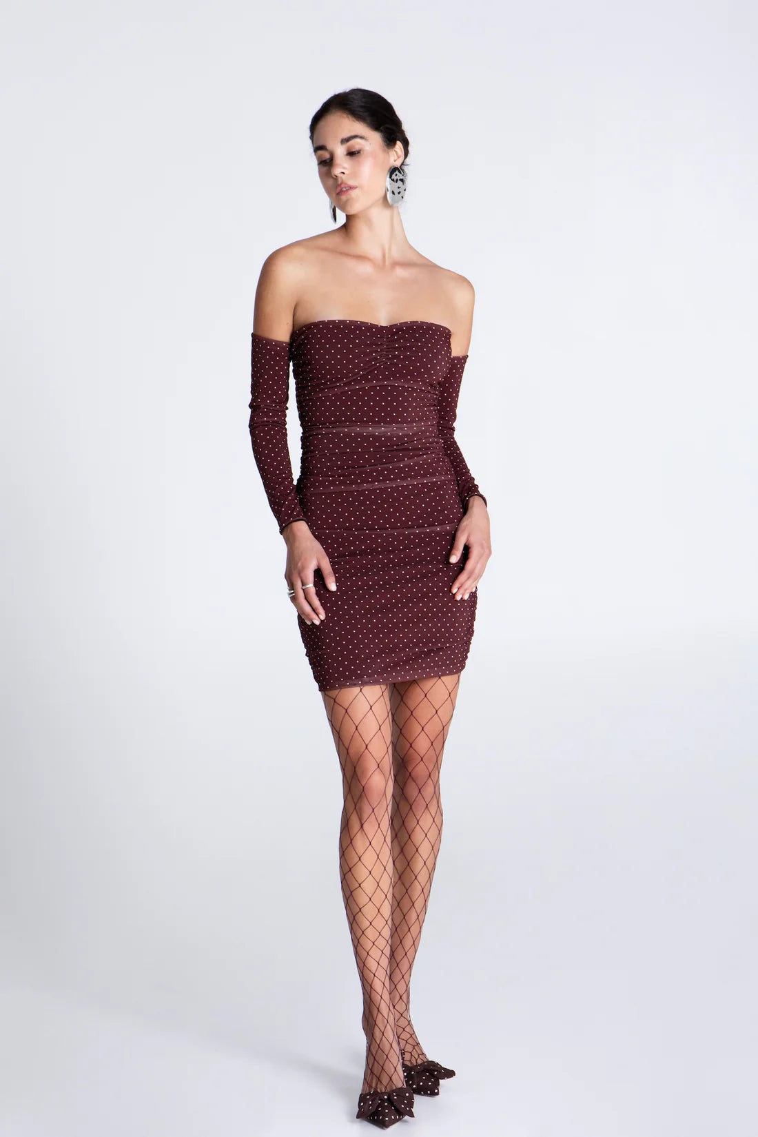 BURGUNDY POLKA DOTS MINI MESH DRESS