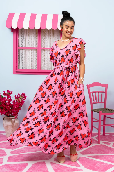 Betty Dress Pink Hearts Red Spikes Frill Sleeves Φόρεμα με Ζώνη & Τσέπες Petit Boutik
