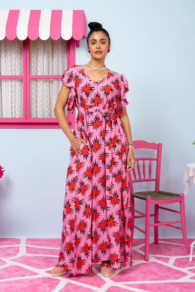 Betty Dress Pink Hearts Red Spikes Frill Sleeves Φόρεμα με Ζώνη & Τσέπες Petit Boutik