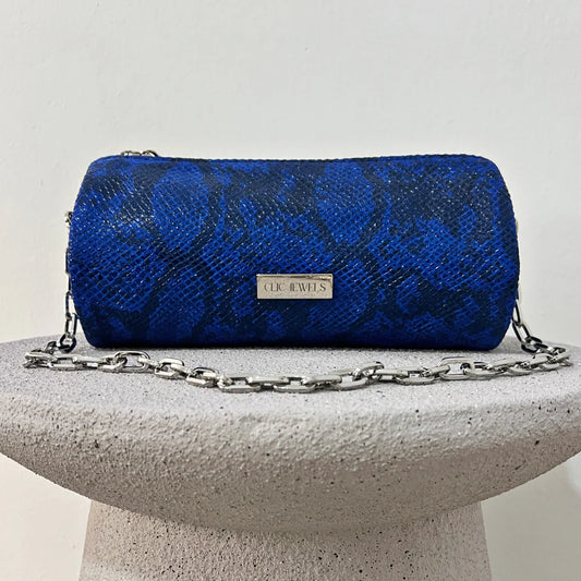 Barrel Bag (electric blue python print genuine leather)