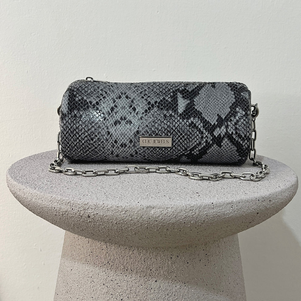 Barrel Bag (grey python print genuine leather)
