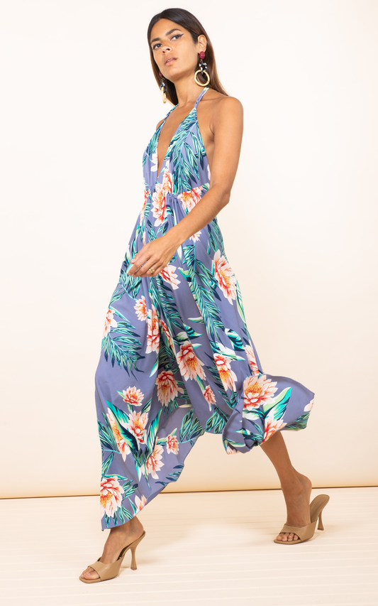Grey Lotus Tropical Backless Dress