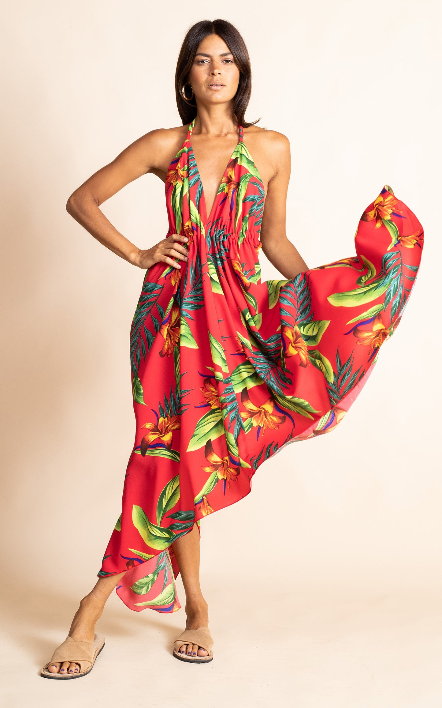 Red Tropical Backless Dress