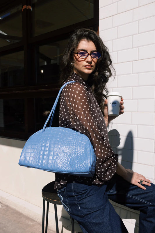 BELLA BOWLING BAG (Baby Blue Croco genuine leather)