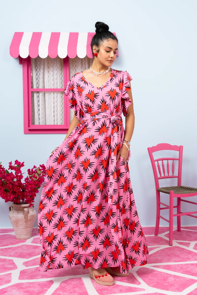 Betty Dress Pink Hearts Red Spikes Frill Sleeves Φόρεμα με Ζώνη & Τσέπες Petit Boutik
