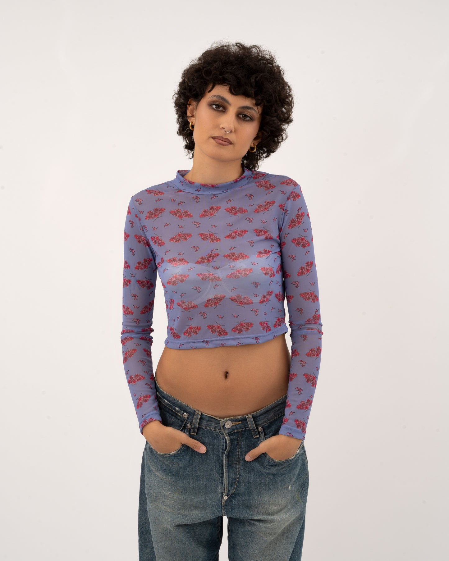 Moth Print - Baby Blue Mesh Top