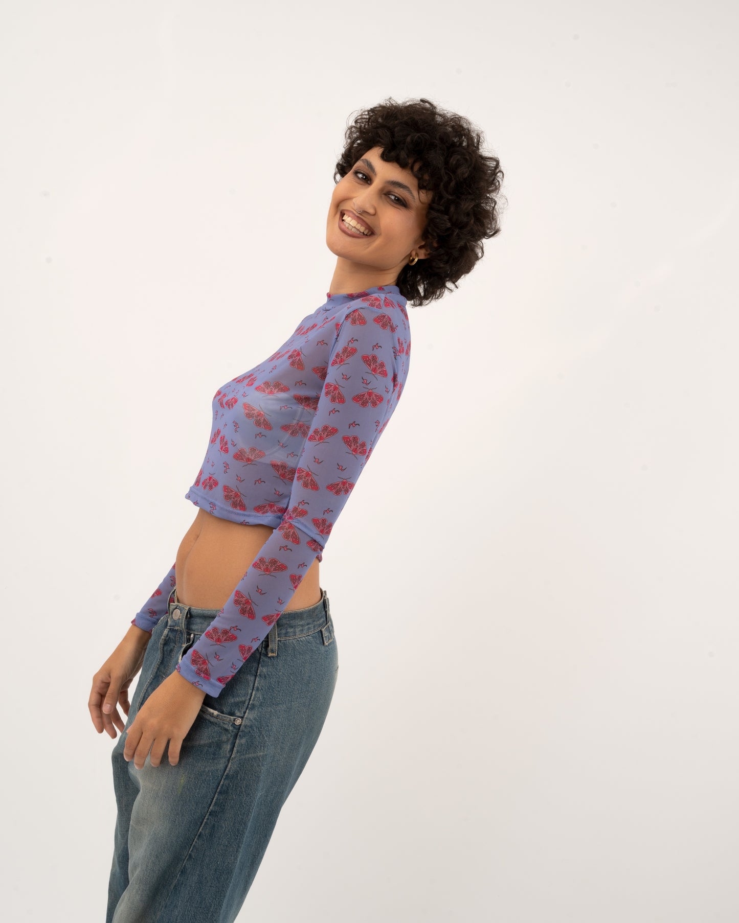 Moth Print - Baby Blue Mesh Top