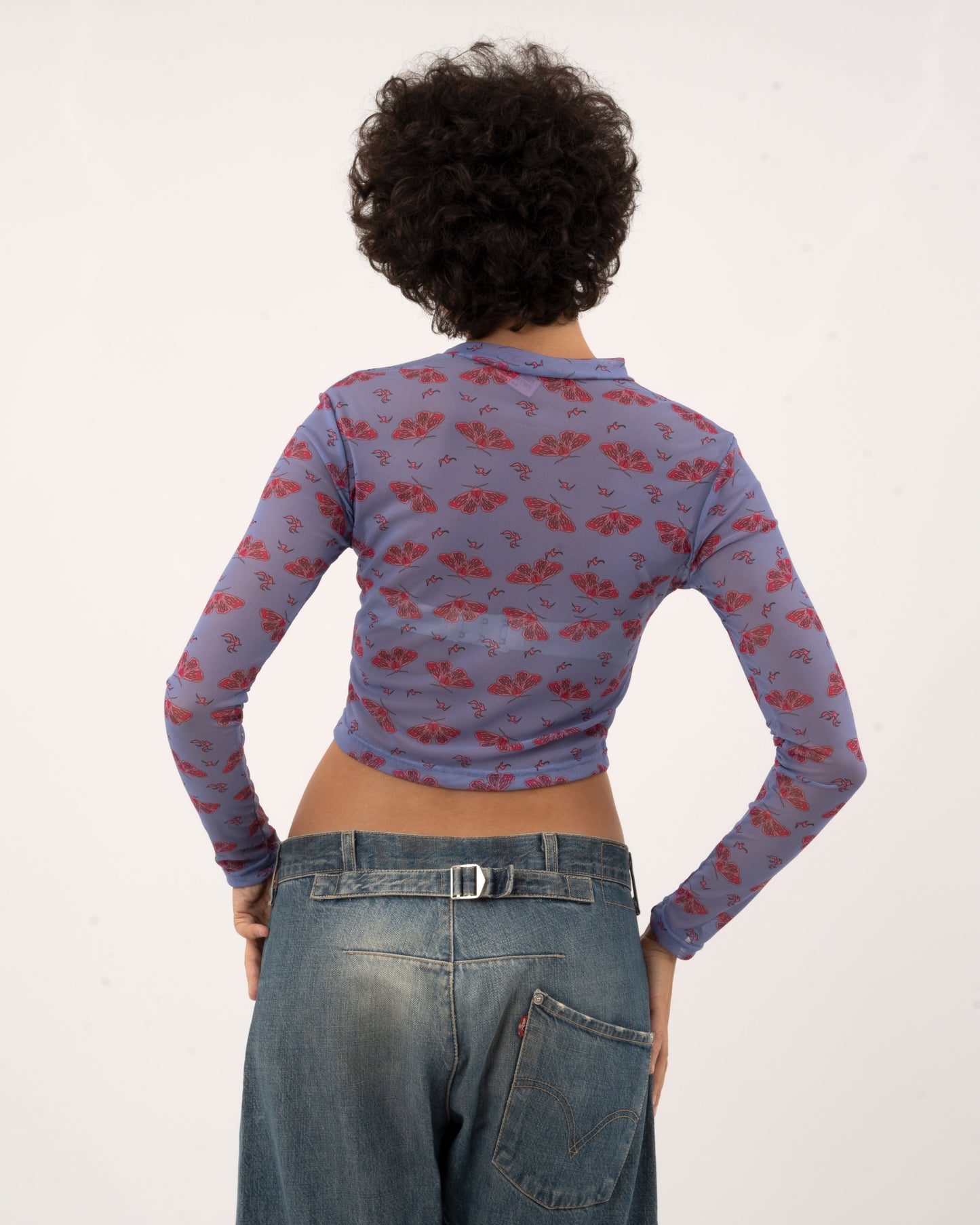 Moth Print - Baby Blue Mesh Top