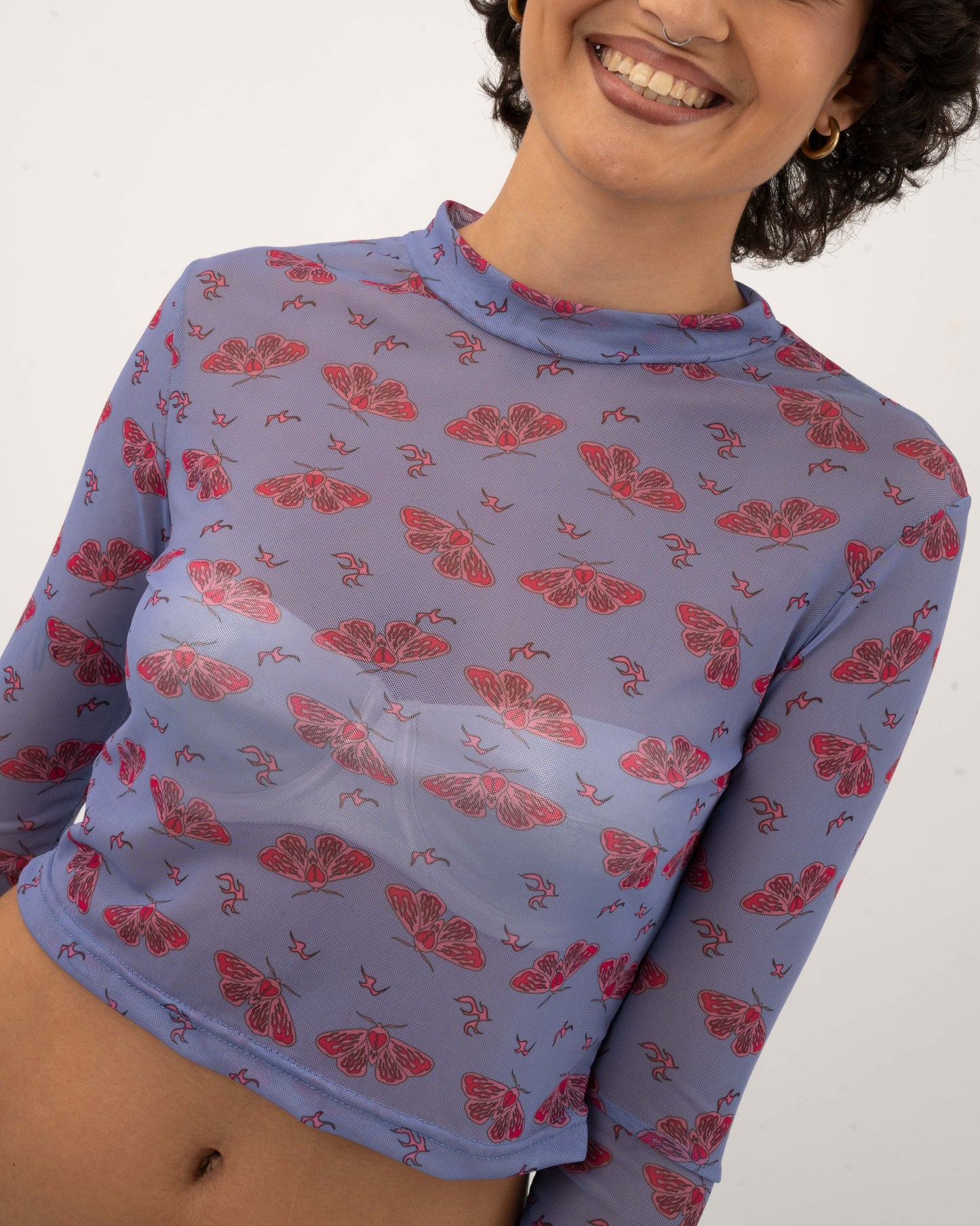 Moth Print - Baby Blue Mesh Top
