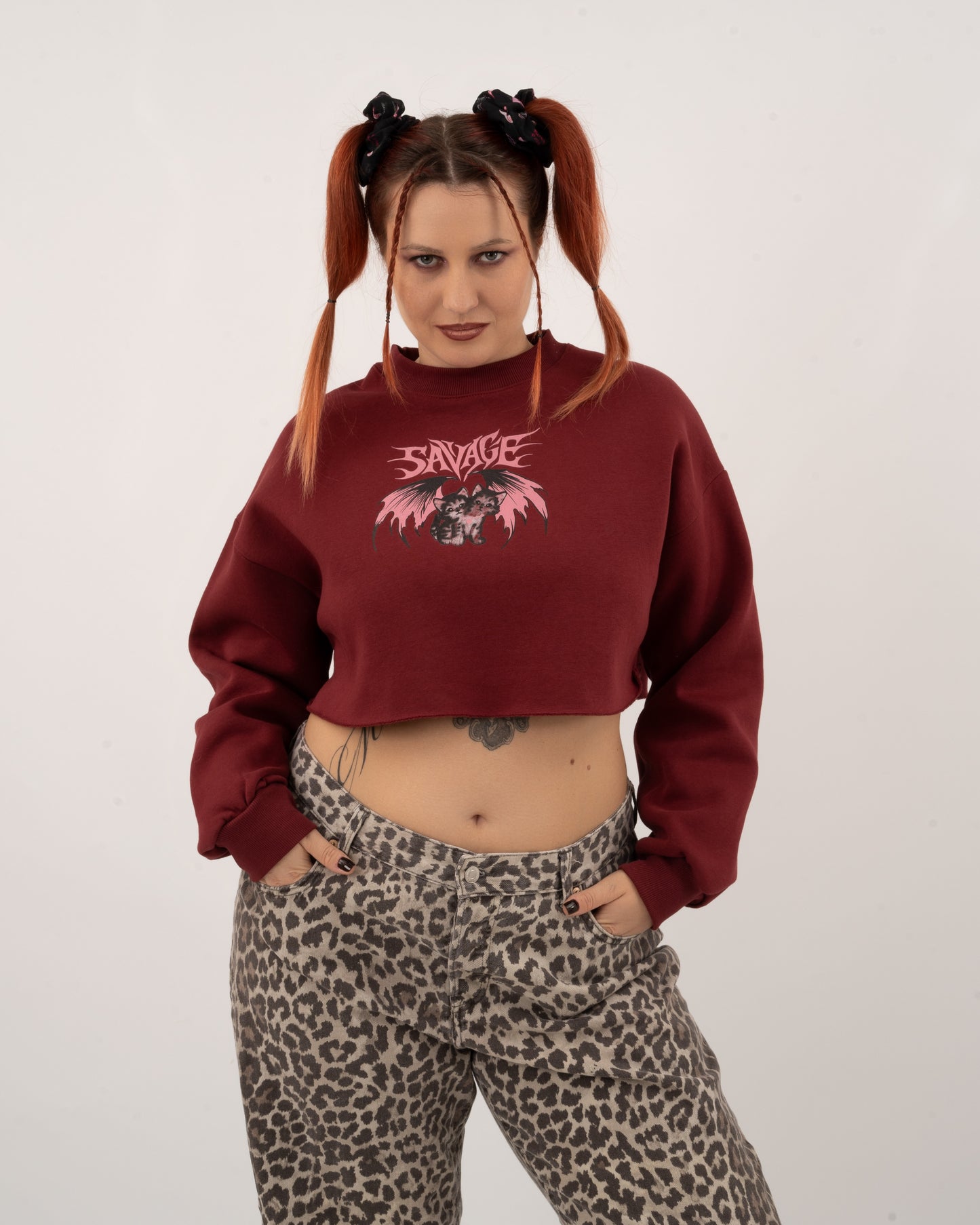 Savage Kitties - Bordeaux Crop Hoodie