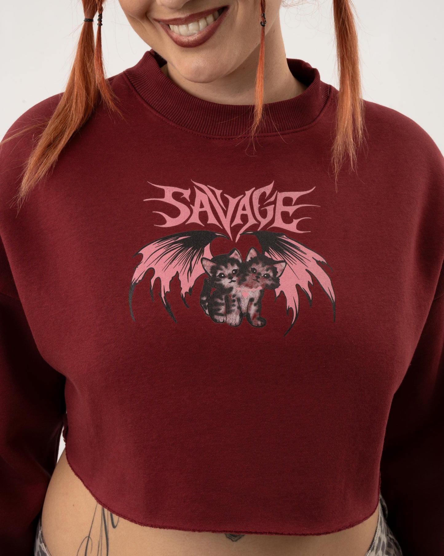 Savage Kitties - Bordeaux Crop Hoodie