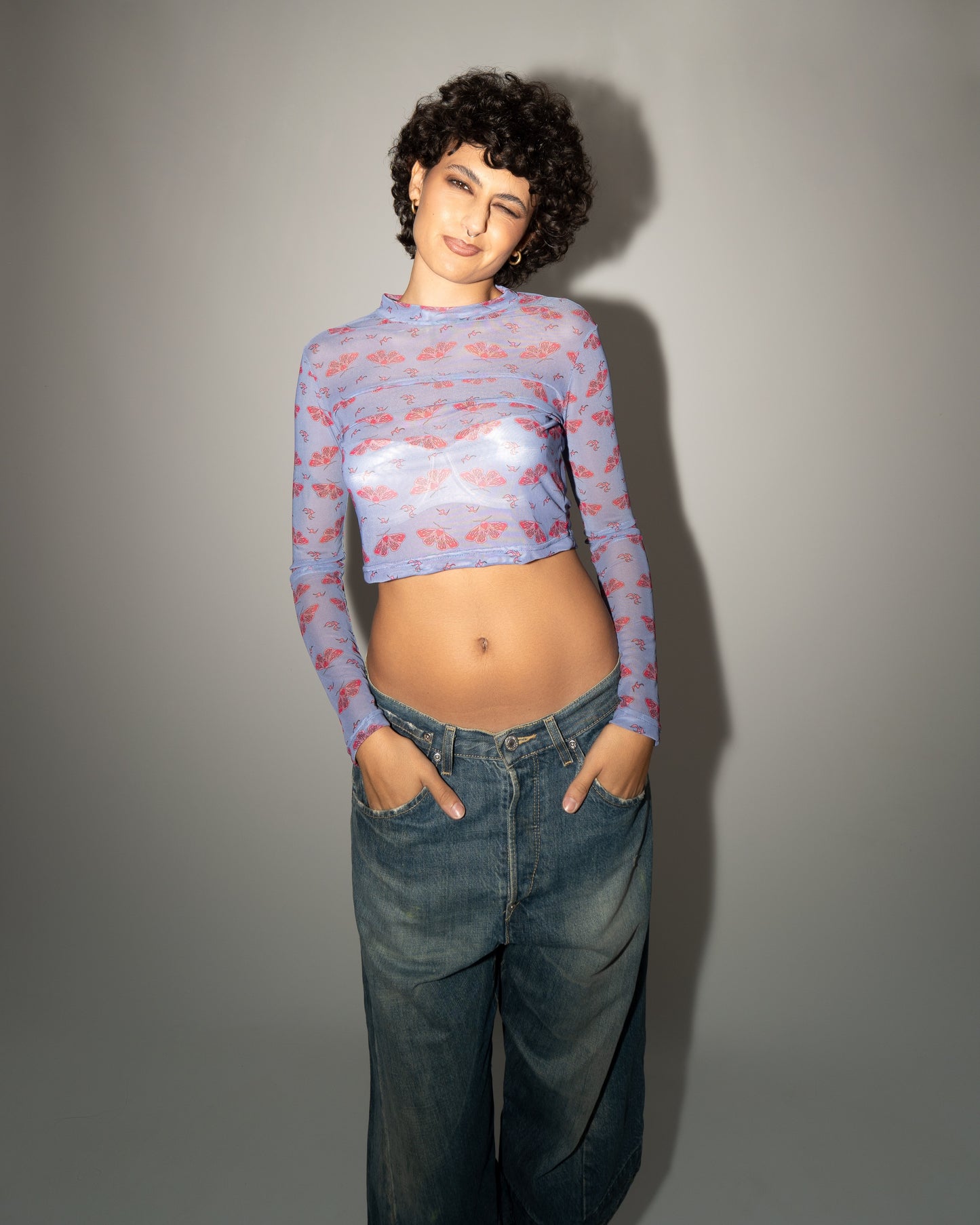 Moth Print - Baby Blue Mesh Top