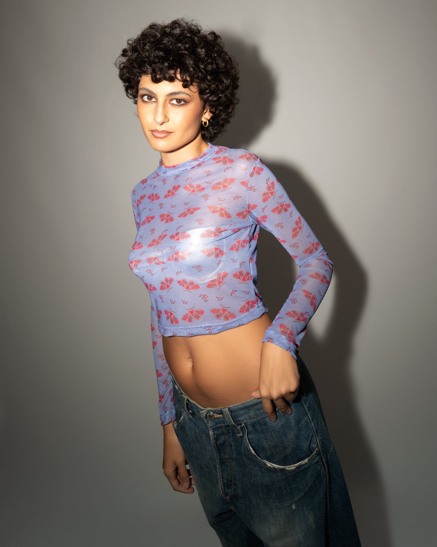 Moth Print - Baby Blue Mesh Top