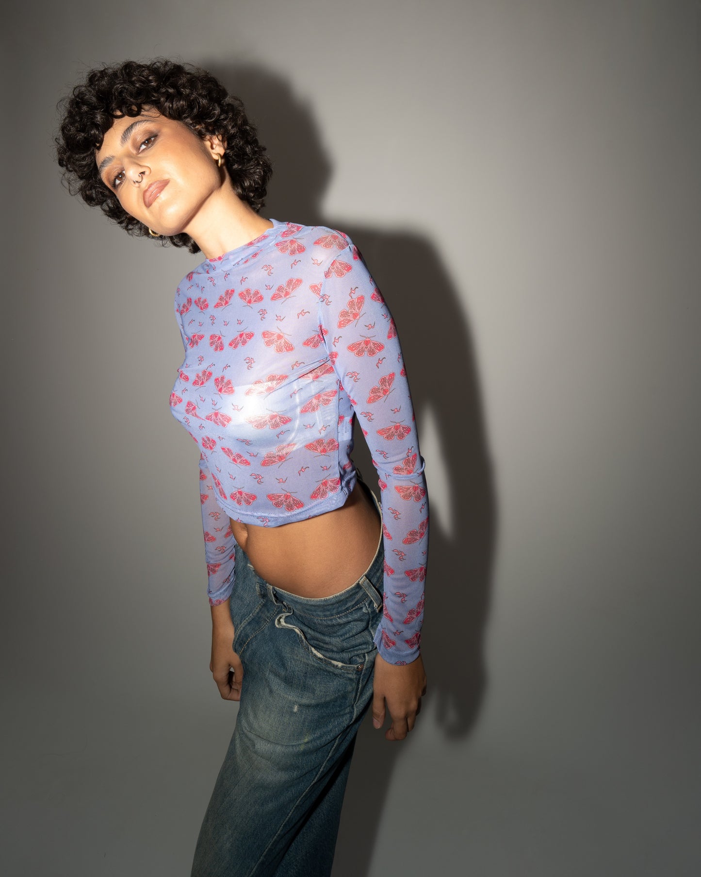 Moth Print - Baby Blue Mesh Top