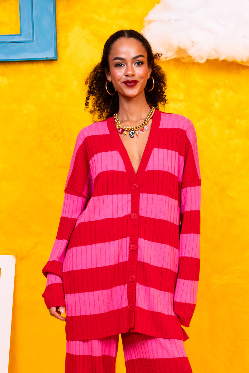 Claire Knitted Cardigan Pink Red Stripes Πλεκτή Ζακέτα Petit Boutik