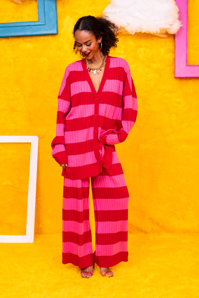 Sara Knitted Pants Pink Red Stripes Πλεκτό Παντελόνι Petit Boutik