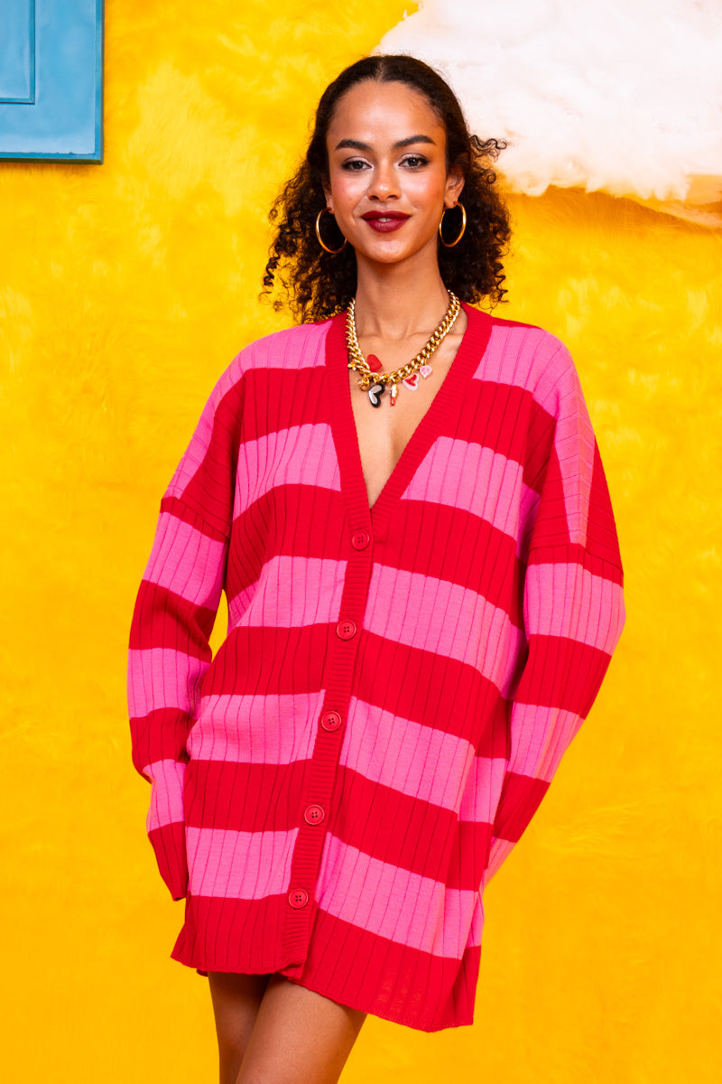 Claire Knitted Cardigan Pink Red Stripes Πλεκτή Ζακέτα Petit Boutik
