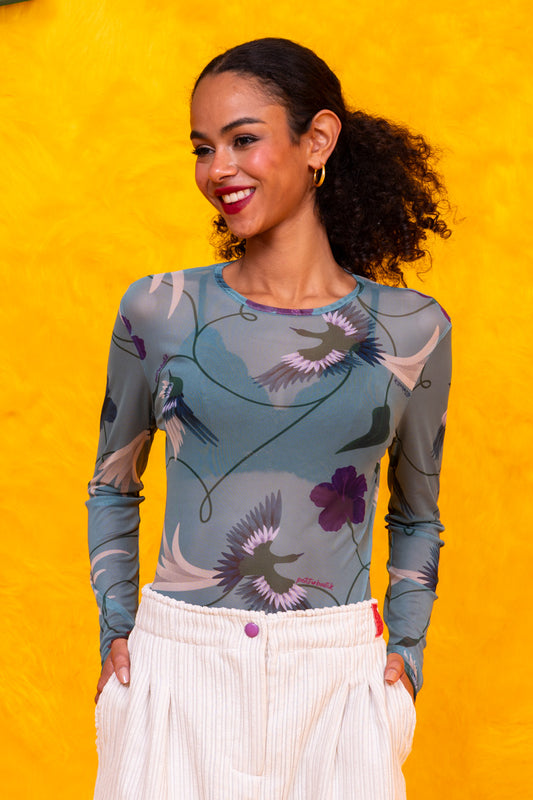 Roxie Blouse Ημιδιάφανη Mint Birds Τούλι Μπλούζα Petit Boutik