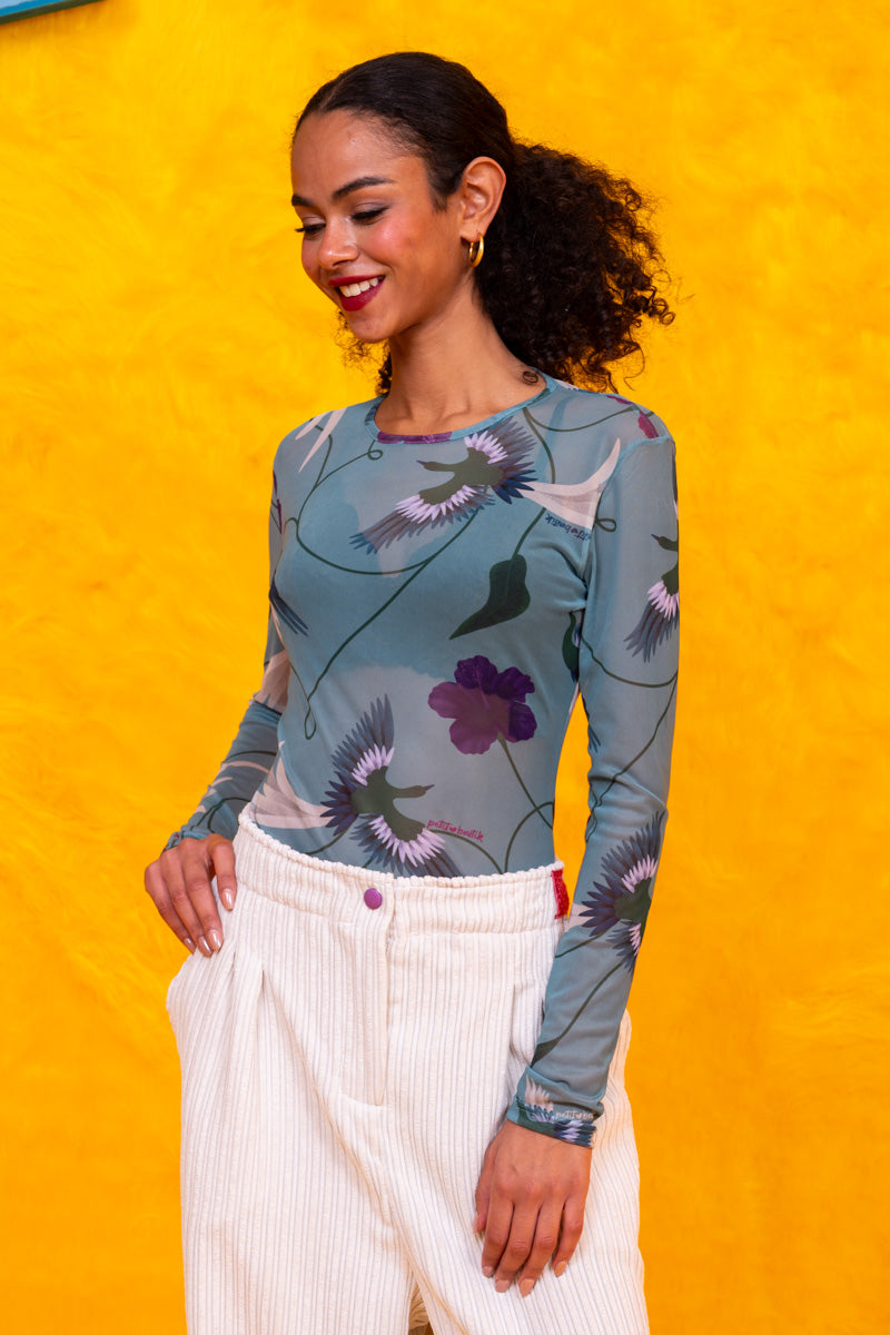 Roxie Blouse Ημιδιάφανη Mint Birds Τούλι Μπλούζα Petit Boutik