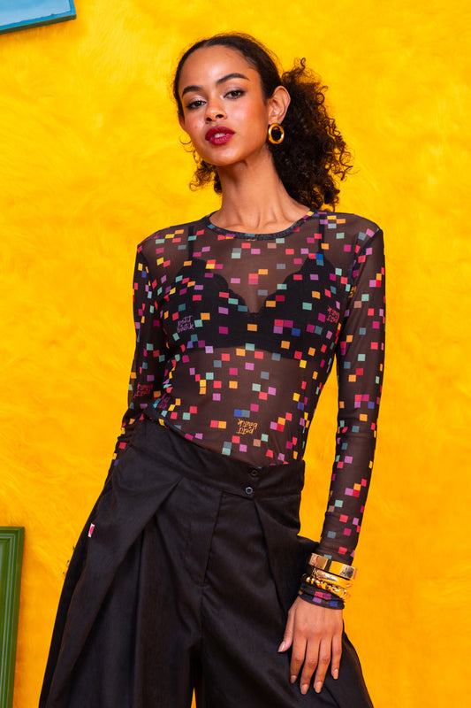 Roxie Blouse Ημιδιάφανη Black Squares Τούλι Μπλούζα Petit Boutik