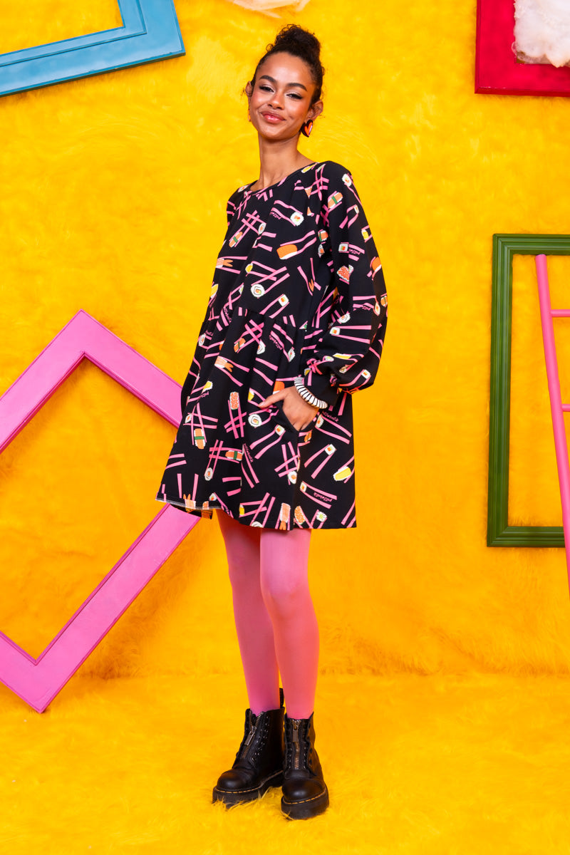 Melina Mini Dress Black Sushi Φούτερ Φόρεμα με Τσέπες Petit Boutik