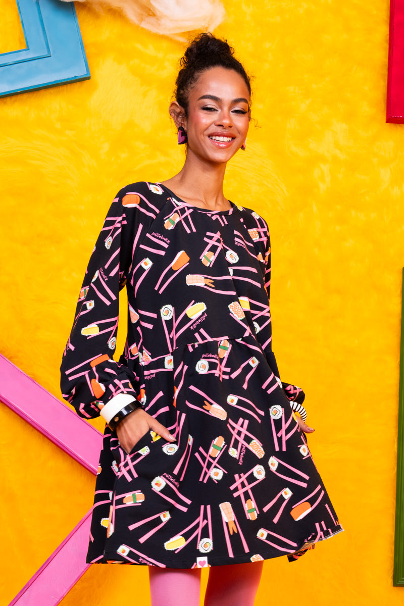 Melina Mini Dress Black Sushi Φούτερ Φόρεμα με Τσέπες Petit Boutik