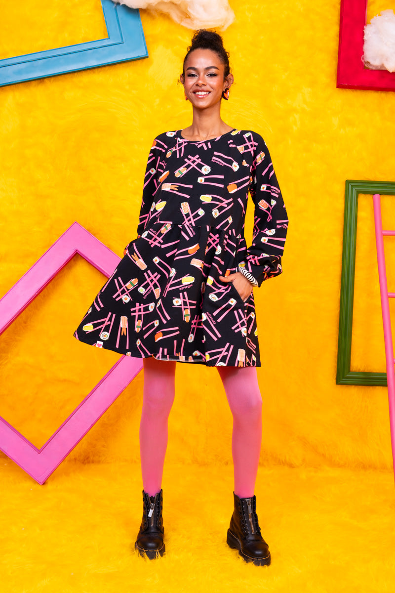 Melina Mini Dress Black Sushi Φούτερ Φόρεμα με Τσέπες Petit Boutik