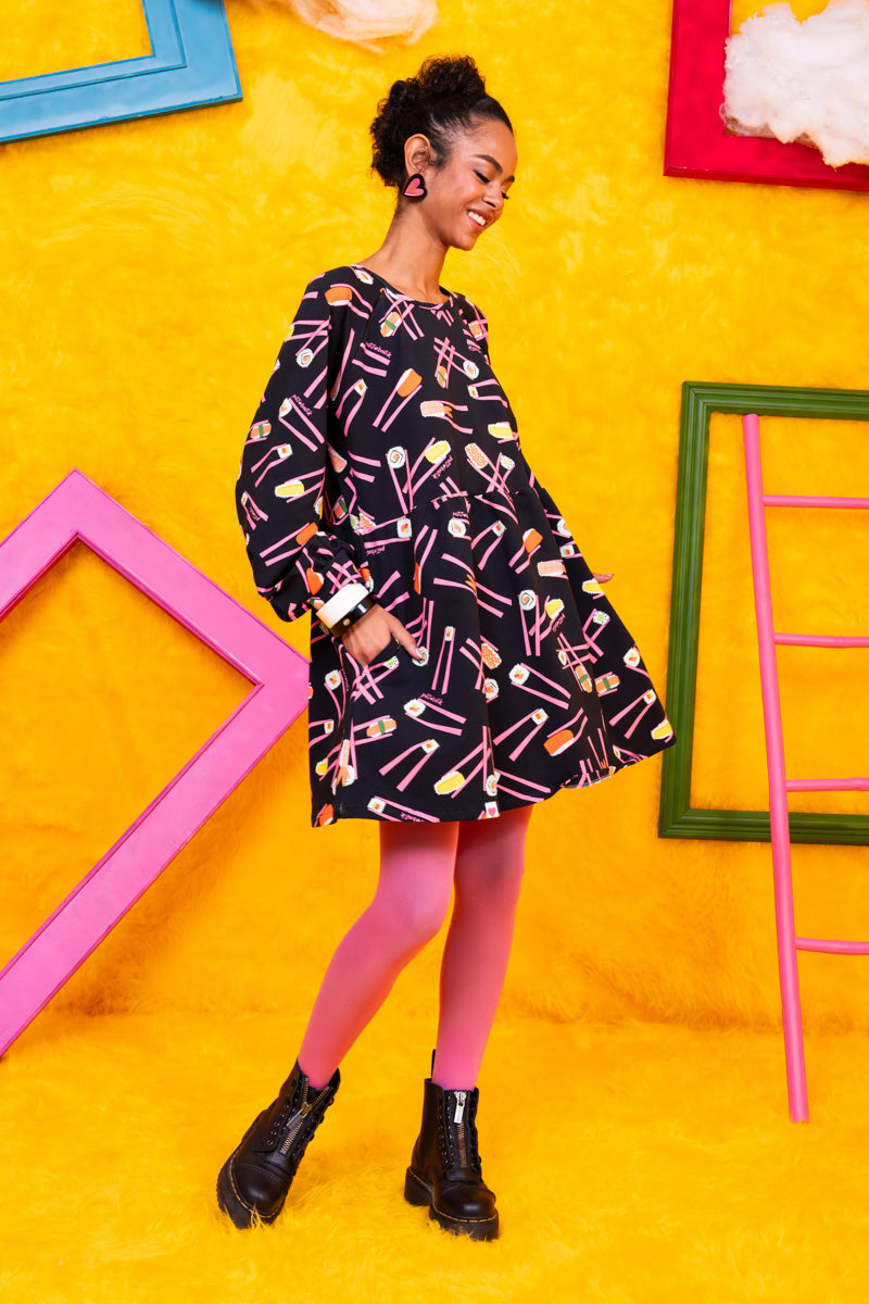 Melina Mini Dress Black Sushi Φούτερ Φόρεμα με Τσέπες Petit Boutik