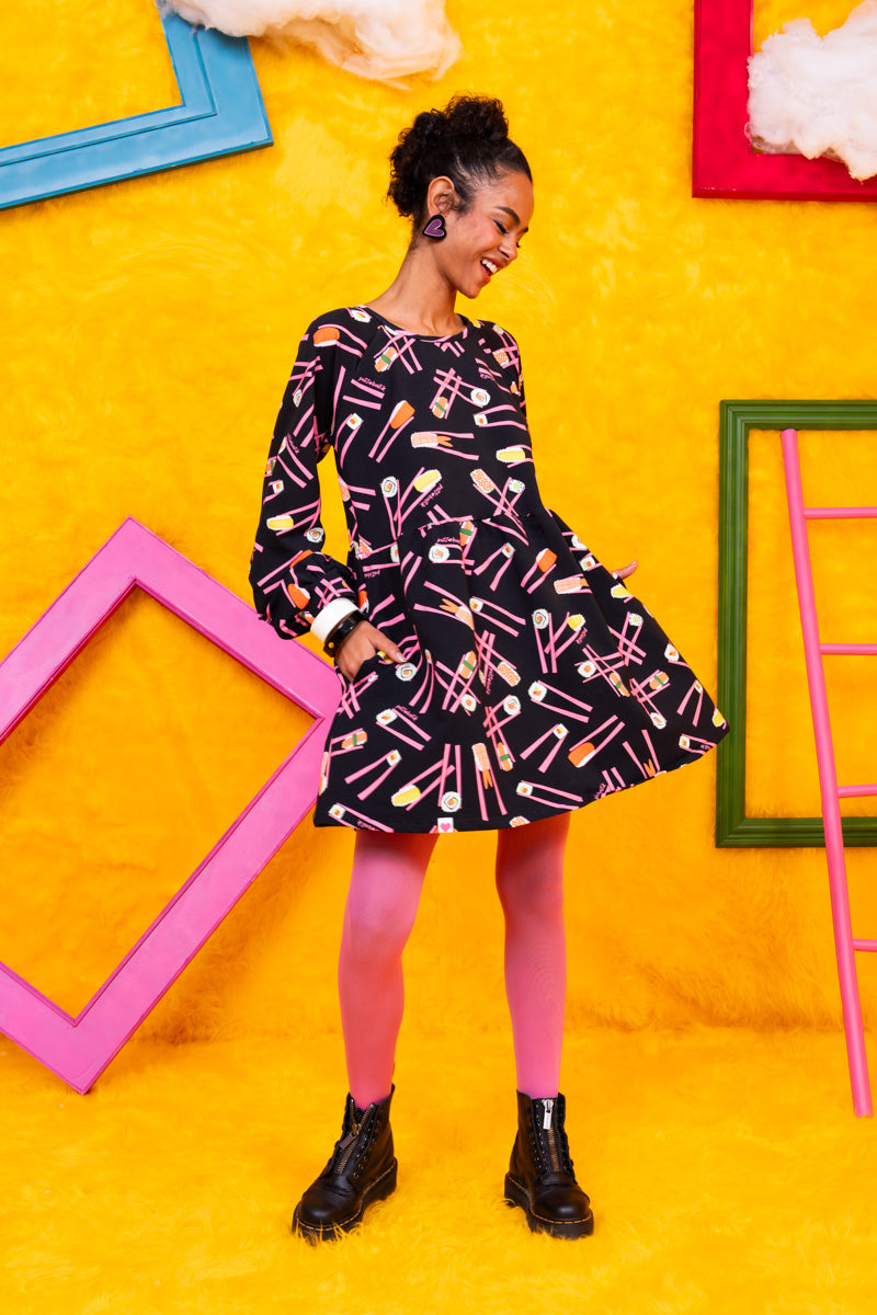 Melina Mini Dress Black Sushi Φούτερ Φόρεμα με Τσέπες Petit Boutik