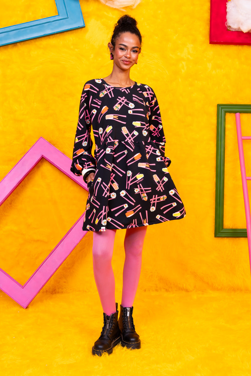 Melina Mini Dress Black Sushi Φούτερ Φόρεμα με Τσέπες Petit Boutik