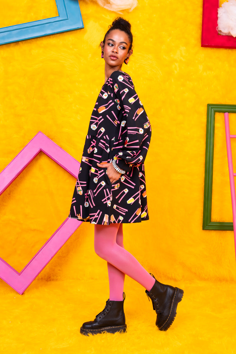 Melina Mini Dress Black Sushi Φούτερ Φόρεμα με Τσέπες Petit Boutik