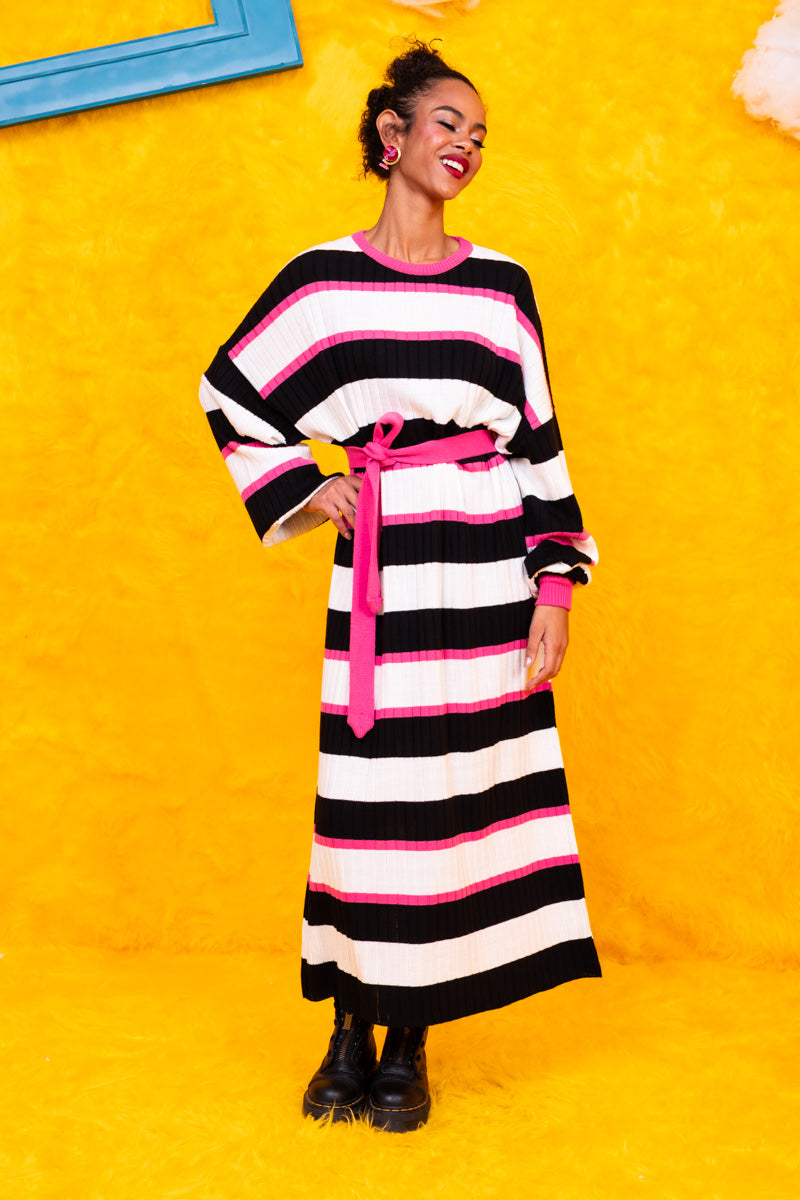 Natalie Knitted Dress Black and White Stripes Φόρεμα με Ζώνη Petit Boutik