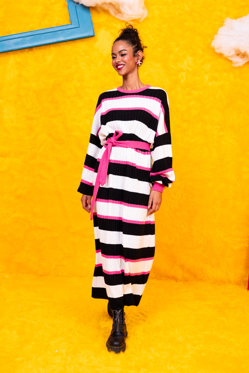 Natalie Knitted Dress Black and White Stripes Φόρεμα με Ζώνη Petit Boutik