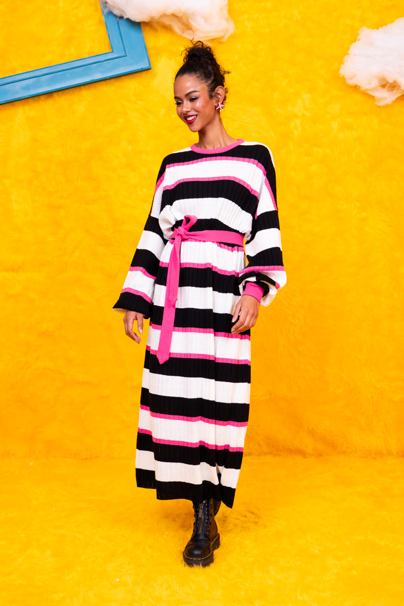 Natalie Knitted Dress Black and White Stripes Φόρεμα με Ζώνη Petit Boutik