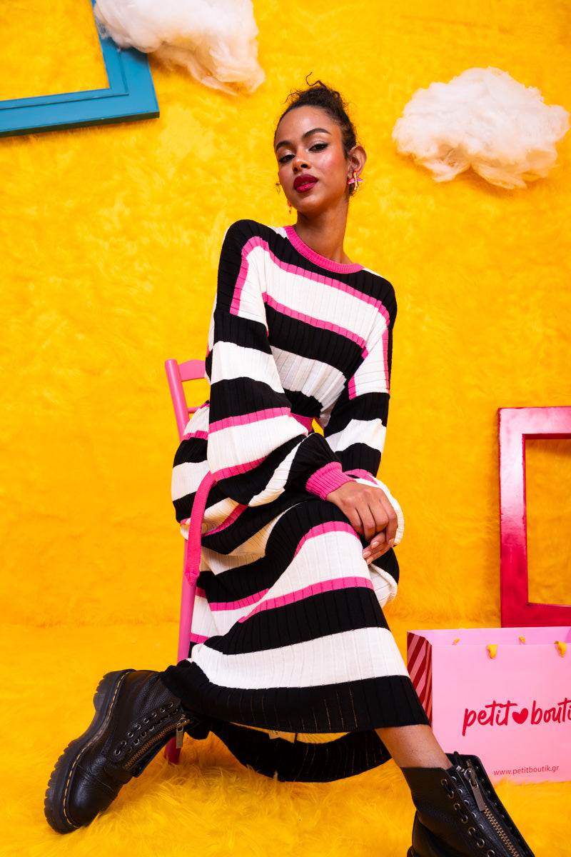 Natalie Knitted Dress Black and White Stripes Φόρεμα με Ζώνη Petit Boutik
