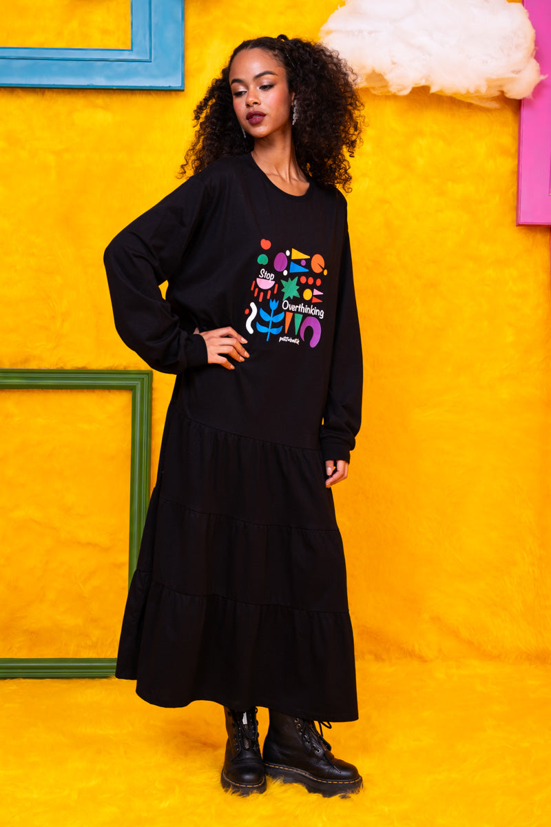 Noelia Frill Dress Stop Overthinking Μαύρο Φούτερ Φόρεμα με Ζώνη Petit Boutik