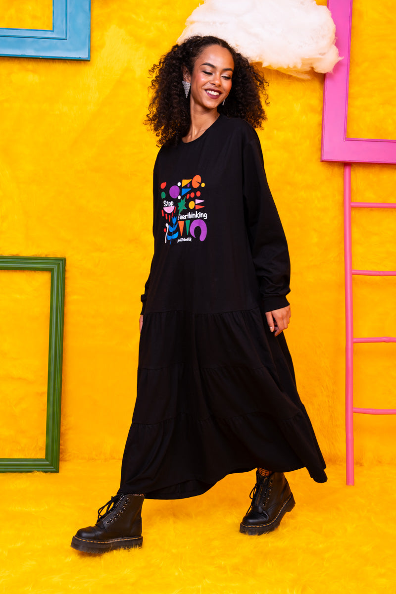 Noelia Frill Dress Stop Overthinking Μαύρο Φούτερ Φόρεμα με Ζώνη Petit Boutik