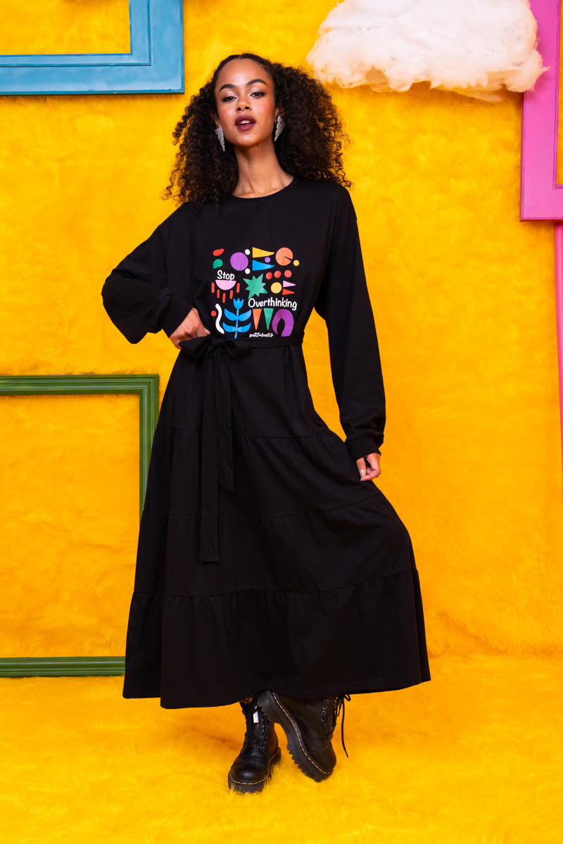 Noelia Frill Dress Stop Overthinking Μαύρο Φούτερ Φόρεμα με Ζώνη Petit Boutik