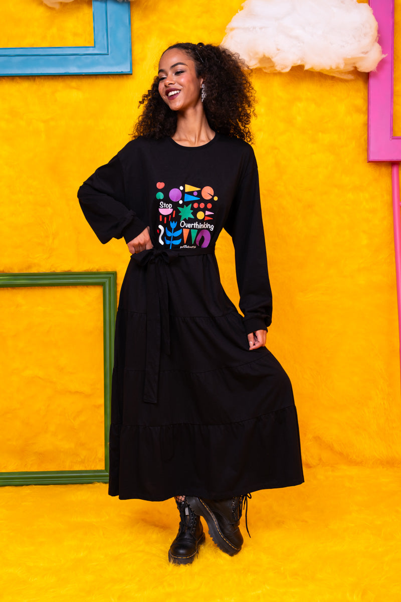 Noelia Frill Dress Stop Overthinking Μαύρο Φούτερ Φόρεμα με Ζώνη Petit Boutik