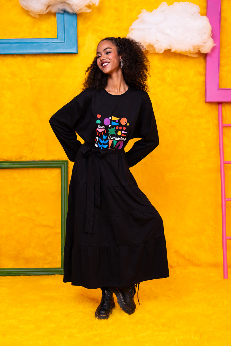Noelia Frill Dress Stop Overthinking Μαύρο Φούτερ Φόρεμα με Ζώνη Petit Boutik