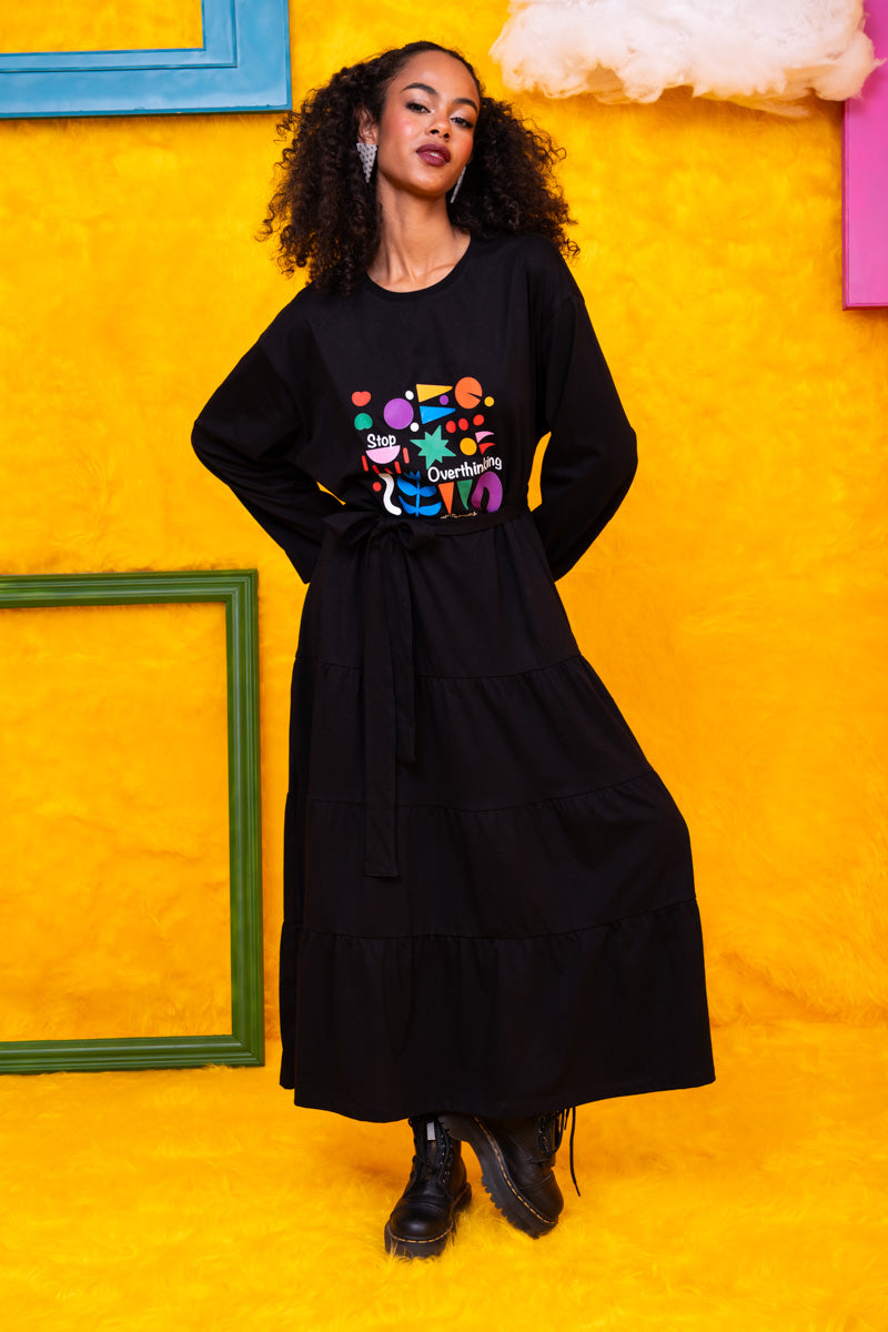 Noelia Frill Dress Stop Overthinking Μαύρο Φούτερ Φόρεμα με Ζώνη Petit Boutik