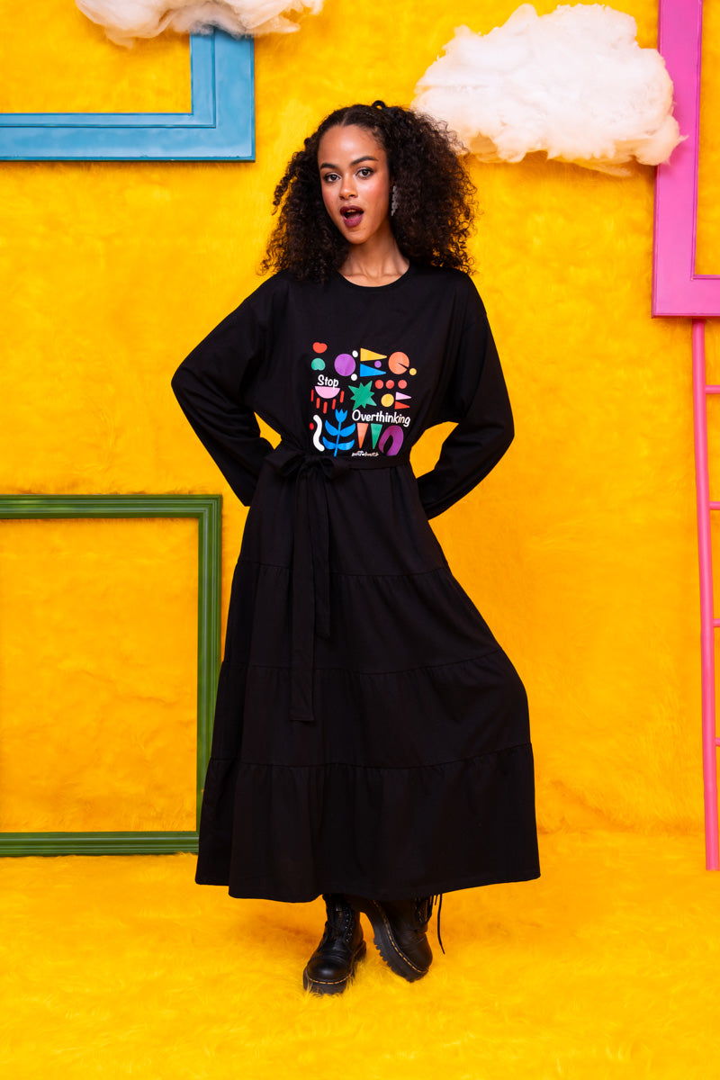 Noelia Frill Dress Stop Overthinking Μαύρο Φούτερ Φόρεμα με Ζώνη Petit Boutik
