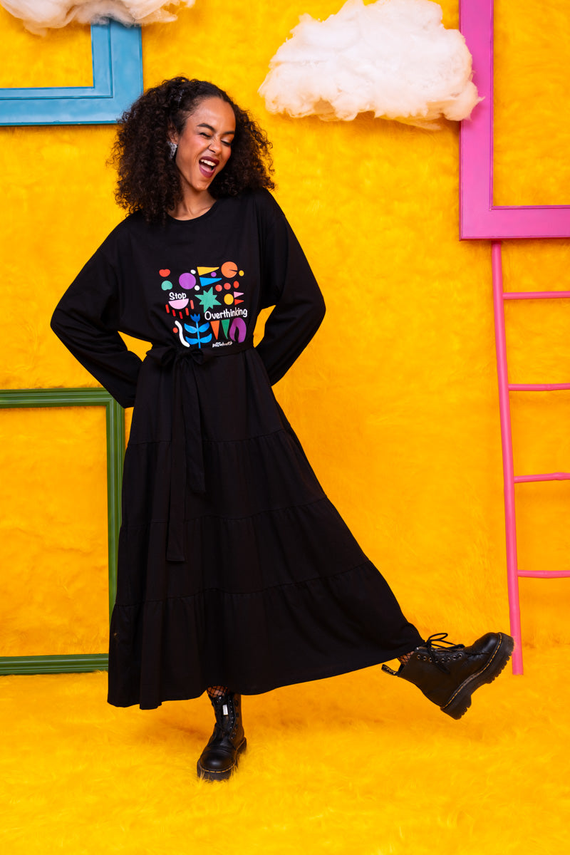 Noelia Frill Dress Stop Overthinking Μαύρο Φούτερ Φόρεμα με Ζώνη Petit Boutik