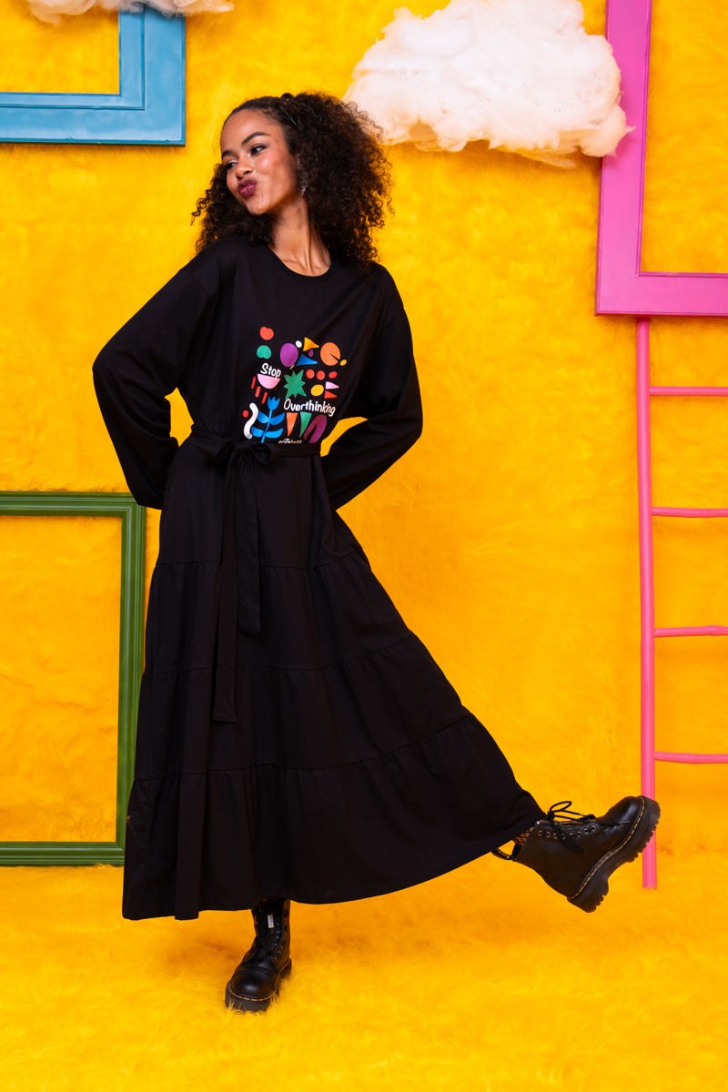 Noelia Frill Dress Stop Overthinking Μαύρο Φούτερ Φόρεμα με Ζώνη Petit Boutik