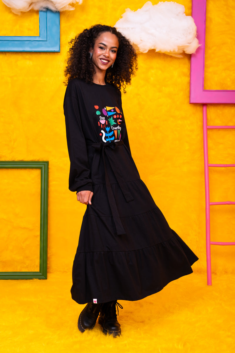 Noelia Frill Dress Stop Overthinking Μαύρο Φούτερ Φόρεμα με Ζώνη Petit Boutik