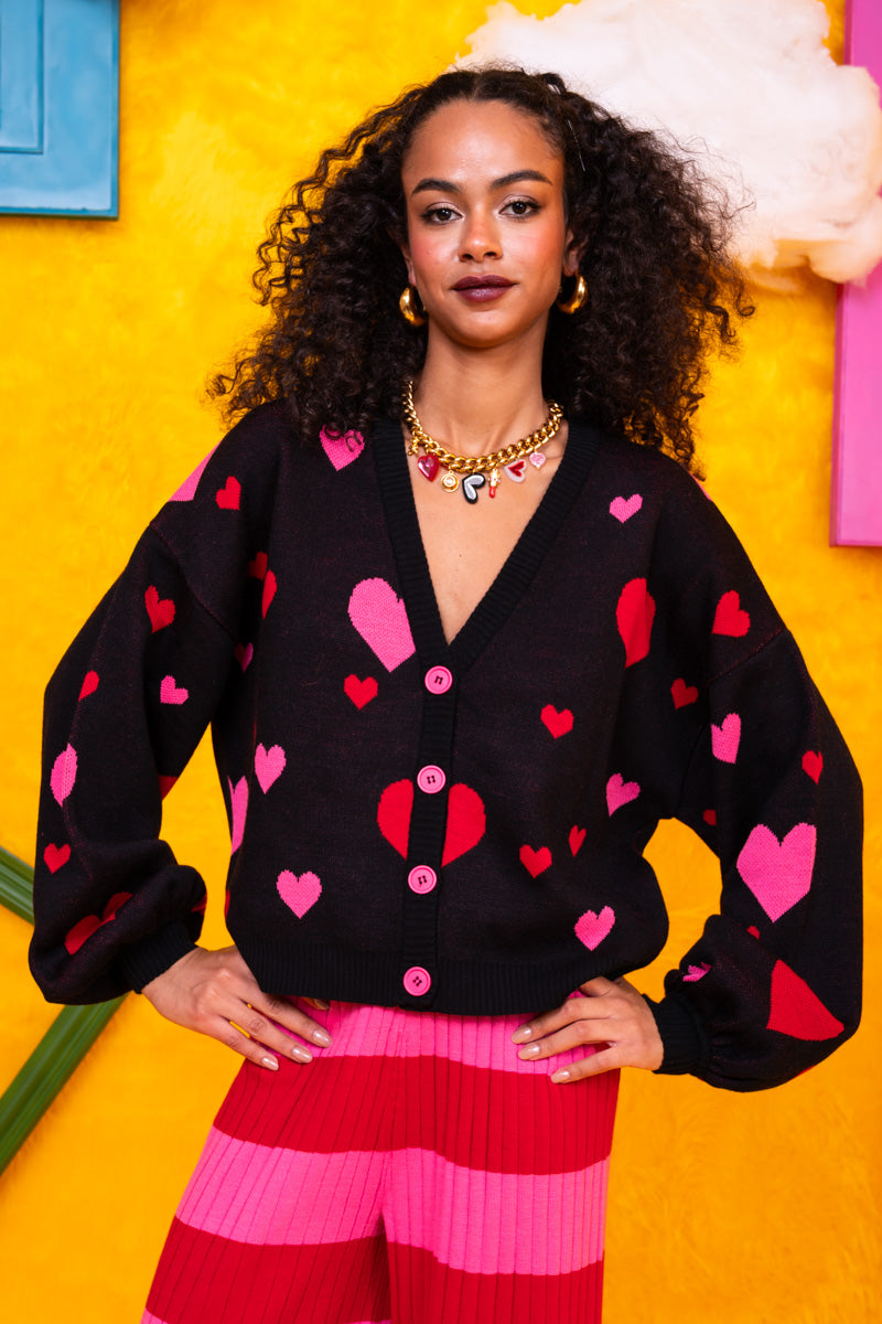Nelly Knitted Cardigan Black Hearts Πλεκτή Ζακέτα Petit Boutik