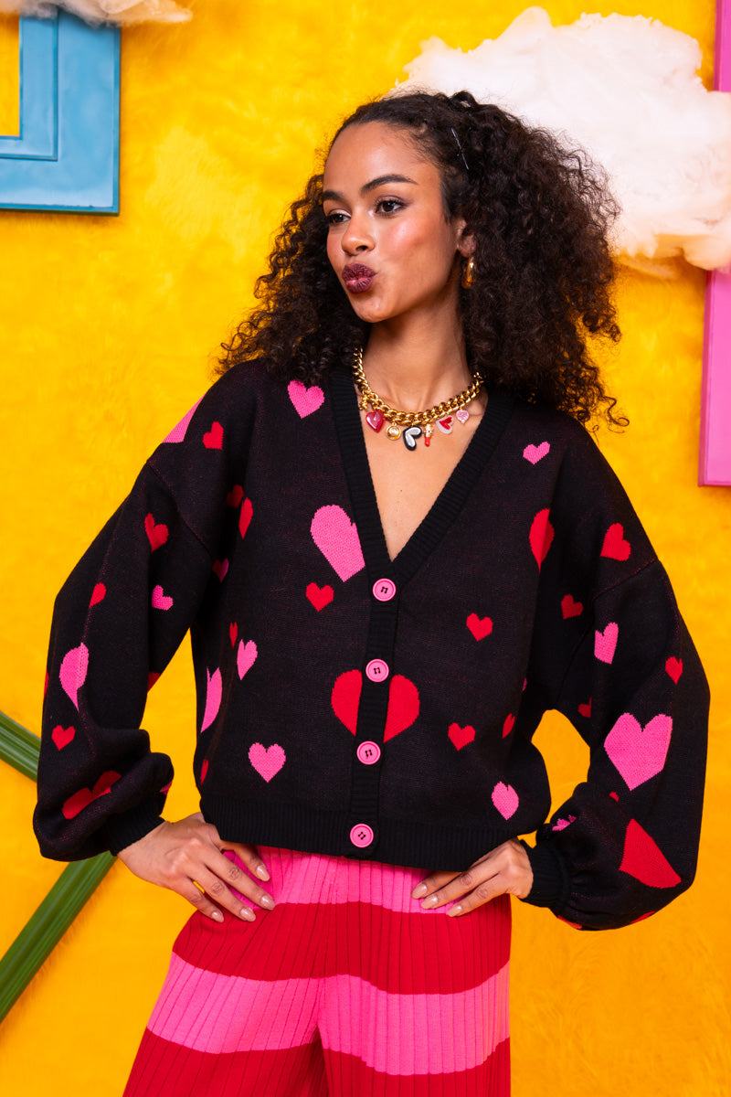 Nelly Knitted Cardigan Black Hearts Πλεκτή Ζακέτα Petit Boutik