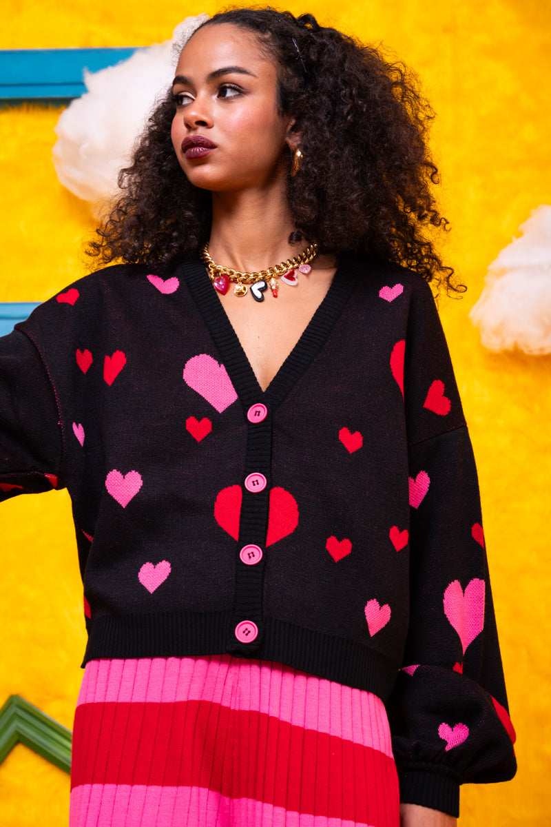 Nelly Knitted Cardigan Black Hearts Πλεκτή Ζακέτα Petit Boutik