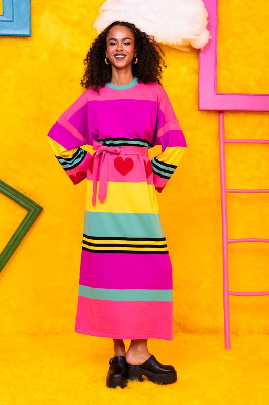 Natalie Knitted Dress Pink Hearts Stripes Φόρεμα με Ζώνη Petit Boutik