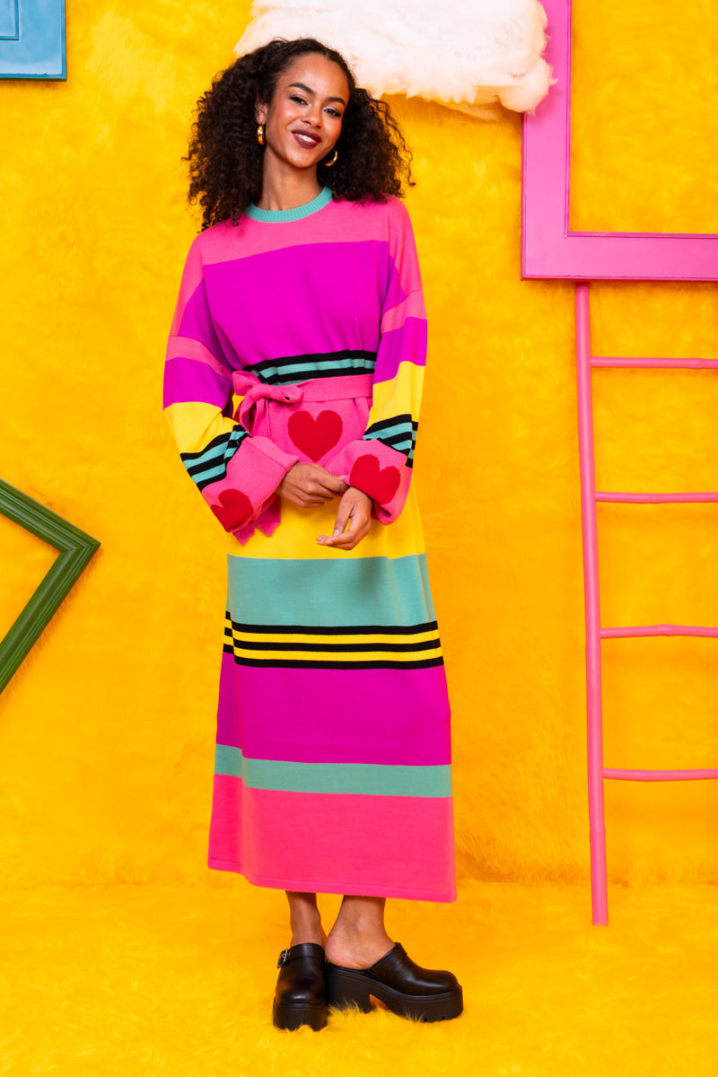 Natalie Knitted Dress Pink Hearts Stripes Φόρεμα με Ζώνη Petit Boutik